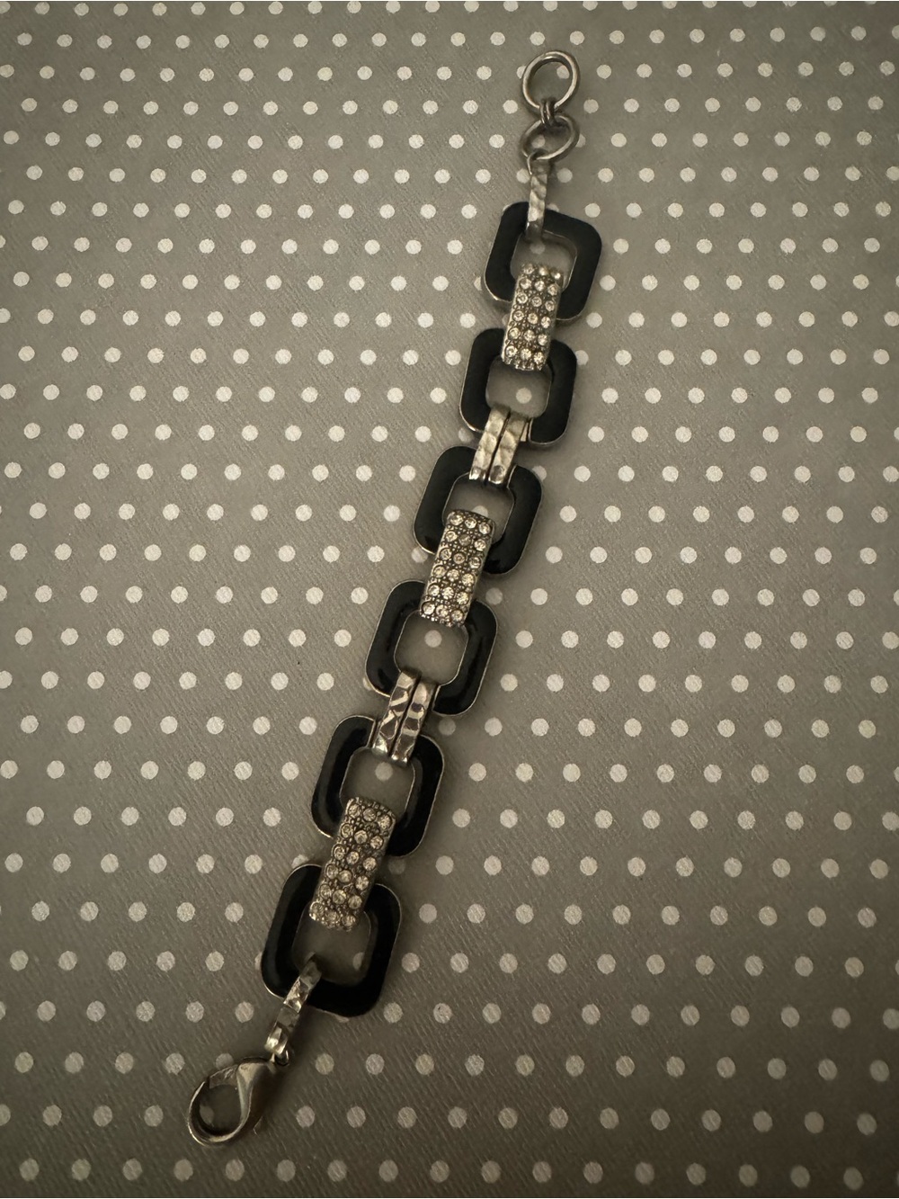 Vintage Rhinestone Black Silver Womens Chain-Link Bracelet  Crystal Accents